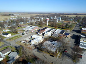 Drone image of town with watertower
